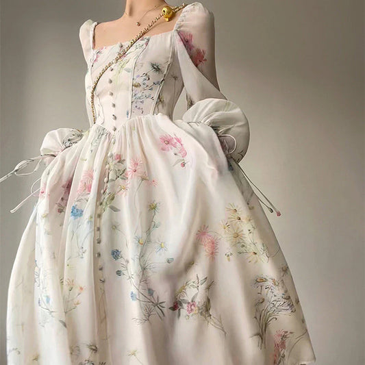 Dress Casual Loose Dress Puff Long Sleeve Floral Maxi Dress